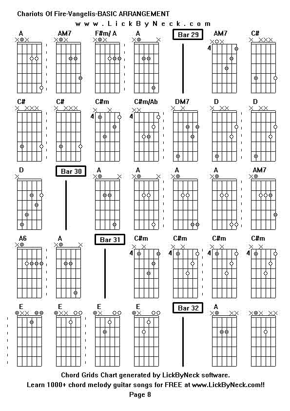 Chord Grids Chart of chord melody fingerstyle guitar song-Chariots Of Fire-Vangelis-BASIC ARRANGEMENT,generated by LickByNeck software.